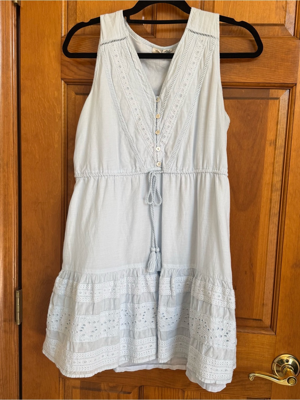 Light Blue Eyelet Tiered Sleeveless Dress with Tassel Tie